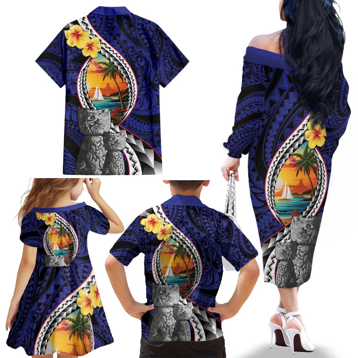Hafa Adai Guam Seal Latte Stones Artwork Family Matching Off The Shoulder Long Sleeve Dress and Hawaiian Shirt LT9 - Polynesian Pride