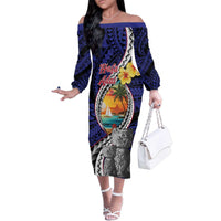Hafa Adai Guam Seal Latte Stones Artwork Family Matching Off The Shoulder Long Sleeve Dress and Hawaiian Shirt LT9 Mom's Dress Blue - Polynesian Pride