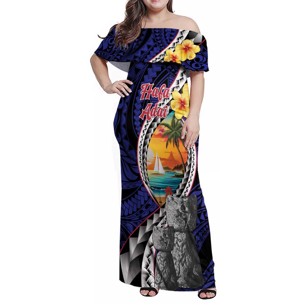 Hafa Adai Guam Seal Latte Stones Artwork Family Matching Off Shoulder Maxi Dress and Hawaiian Shirt LT9 Mom's Dress Blue - Polynesian Pride