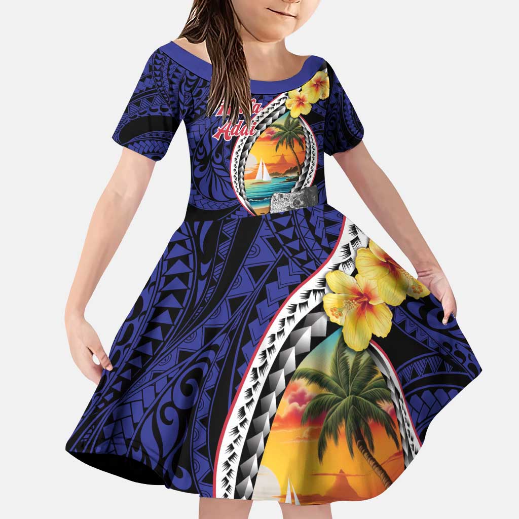 Hafa Adai Guam Seal Latte Stones Artwork Family Matching Puletasi and Hawaiian Shirt LT9 Daughter's Dress Blue - Polynesian Pride
