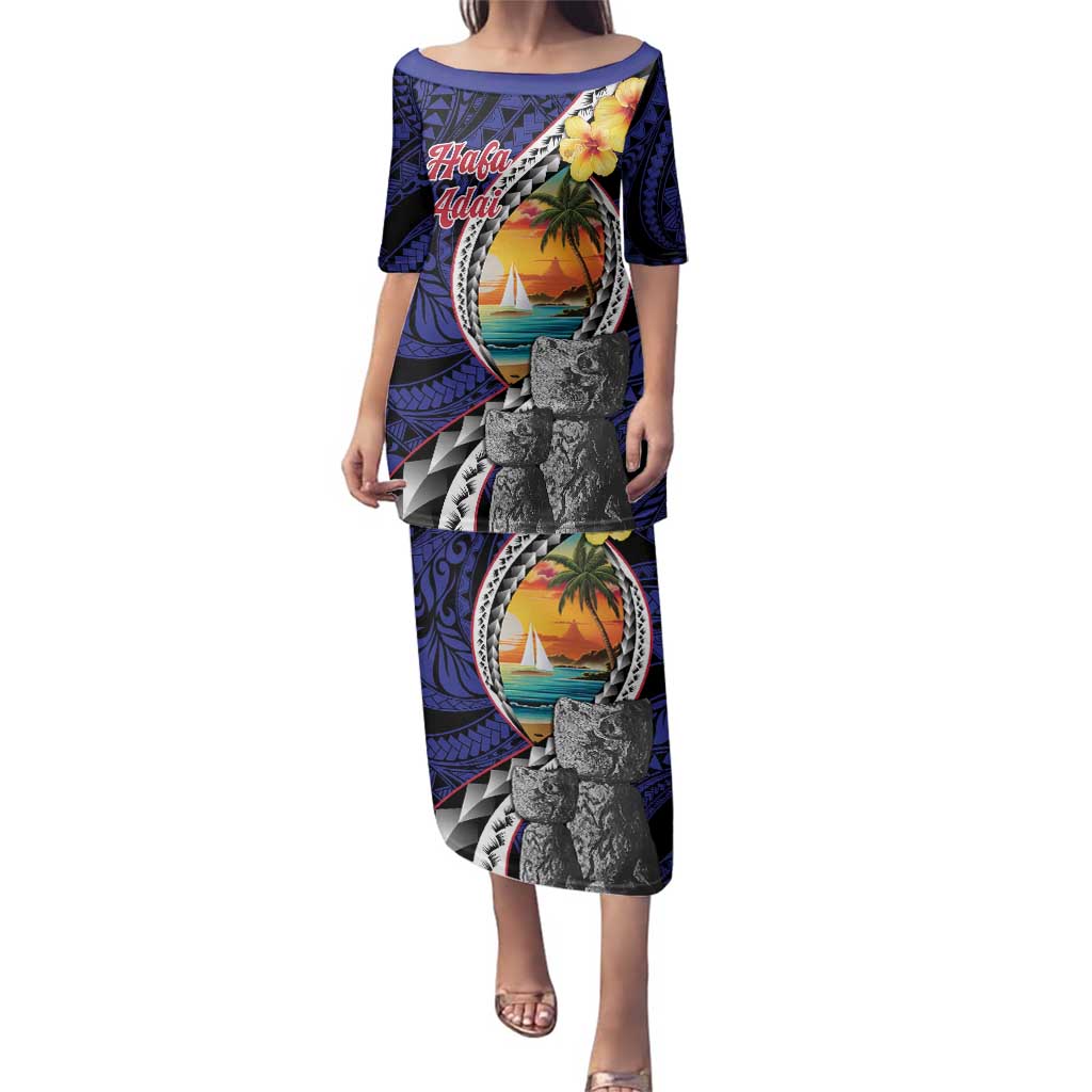 Hafa Adai Guam Seal Latte Stones Artwork Family Matching Puletasi and Hawaiian Shirt LT9 Mom's Dress Blue - Polynesian Pride