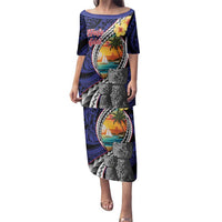 Hafa Adai Guam Seal Latte Stones Artwork Family Matching Puletasi and Hawaiian Shirt LT9 Mom's Dress Blue - Polynesian Pride