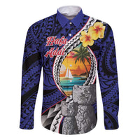 Hafa Adai Guam Seal Latte Stones Artwork Family Matching Summer Maxi Dress and Hawaiian Shirt LT9 Dad's Shirt - Long Sleeve Blue - Polynesian Pride