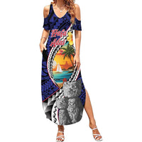 Hafa Adai Guam Seal Latte Stones Artwork Family Matching Summer Maxi Dress and Hawaiian Shirt LT9 Mom's Dress Blue - Polynesian Pride
