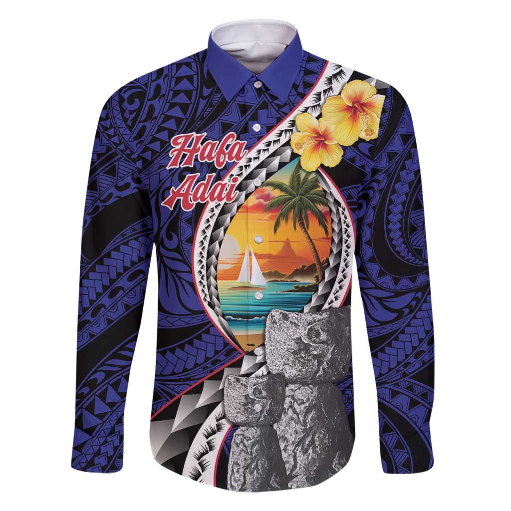 Hafa Adai Guam Seal Latte Stones Artwork Family Matching Tank Maxi Dress and Hawaiian Shirt LT9 Dad's Shirt - Long Sleeve Blue - Polynesian Pride