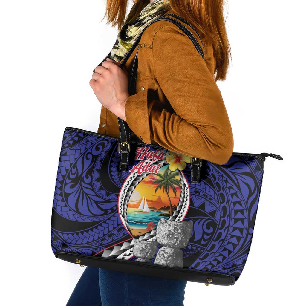 Hafa Adai Guam Seal Latte Stones Artwork Leather Tote Bag LT9 Blue - Polynesian Pride