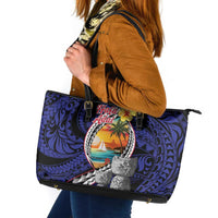 Hafa Adai Guam Seal Latte Stones Artwork Leather Tote Bag LT9 Blue - Polynesian Pride