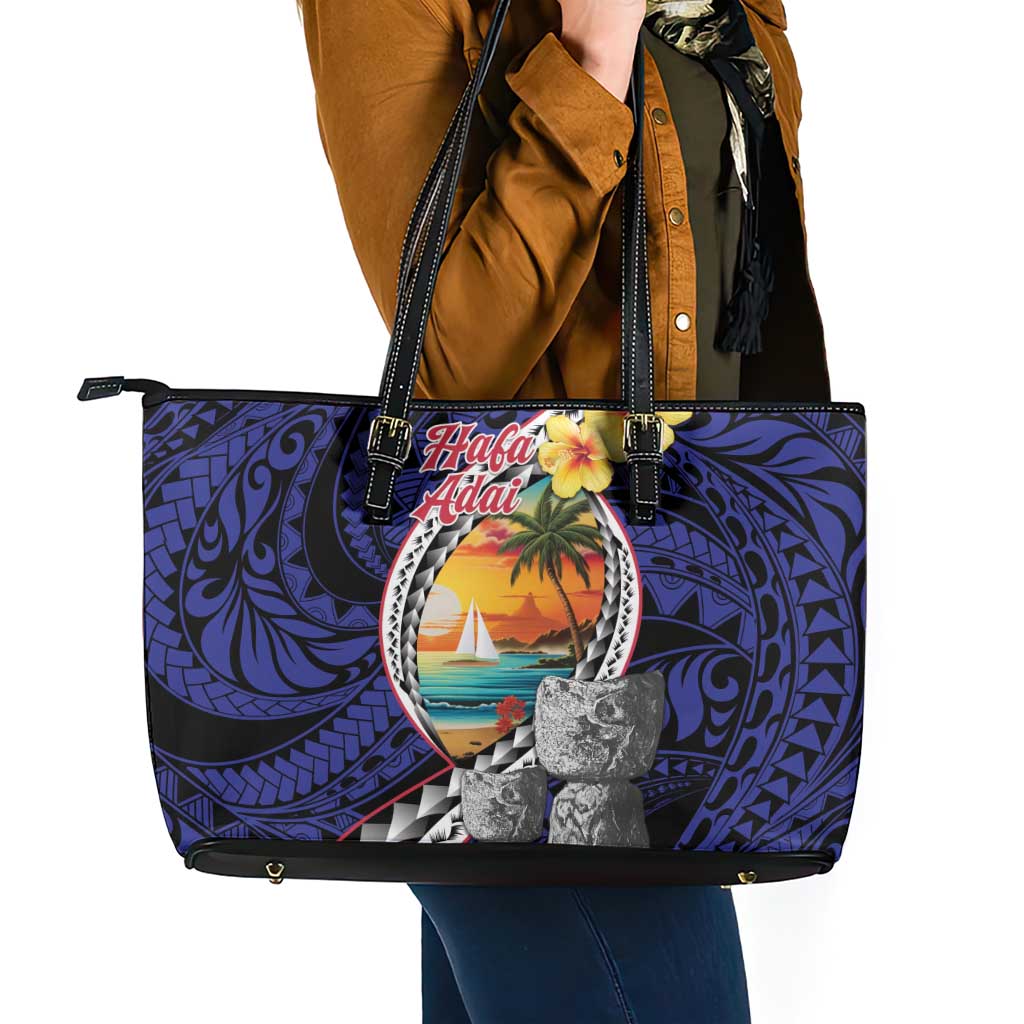 Hafa Adai Guam Seal Latte Stones Artwork Leather Tote Bag LT9 - Polynesian Pride