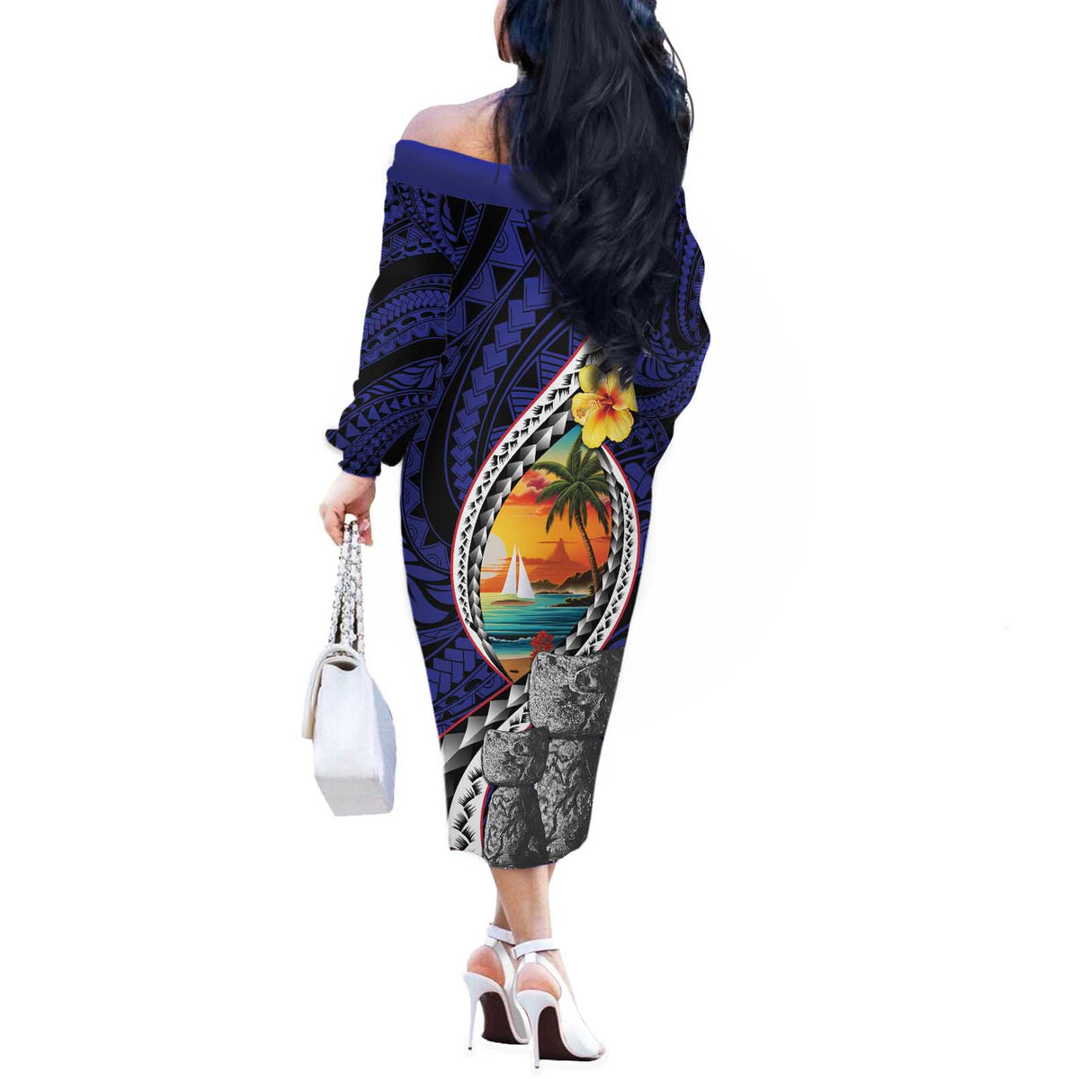 Hafa Adai Guam Seal Latte Stones Artwork Off The Shoulder Long Sleeve Dress