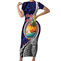 Hafa Adai Guam Seal Latte Stones Artwork Short Sleeve Bodycon Dress LT9 Long Dress Blue - Polynesian Pride