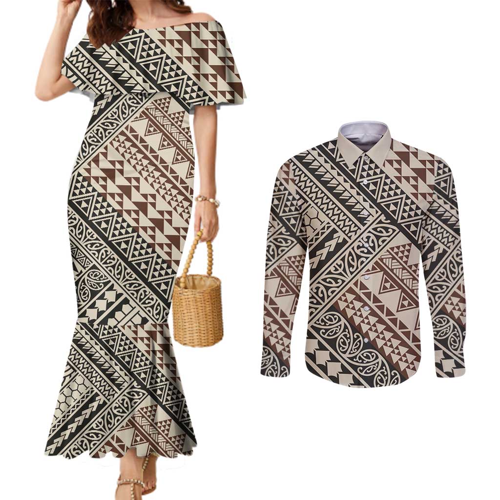 Niho Taniwha Kowhaiwhai Couples Matching Mermaid Dress and Long Sleeve Button Shirt LT9 Beige - Polynesian Pride