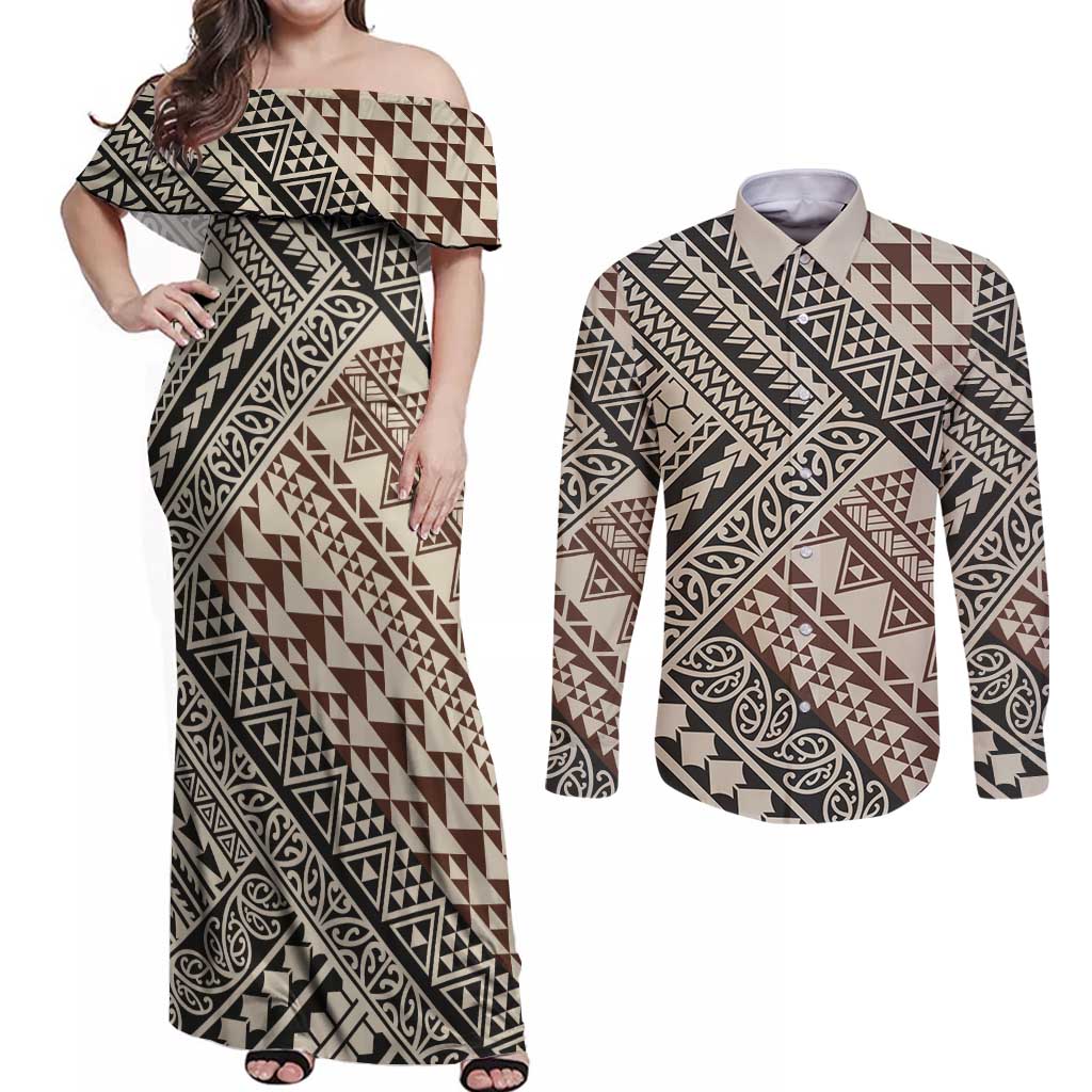 Niho Taniwha Kowhaiwhai Couples Matching Off Shoulder Maxi Dress and Long Sleeve Button Shirt LT9 Beige - Polynesian Pride