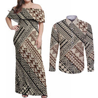Niho Taniwha Kowhaiwhai Couples Matching Off Shoulder Maxi Dress and Long Sleeve Button Shirt LT9 Beige - Polynesian Pride