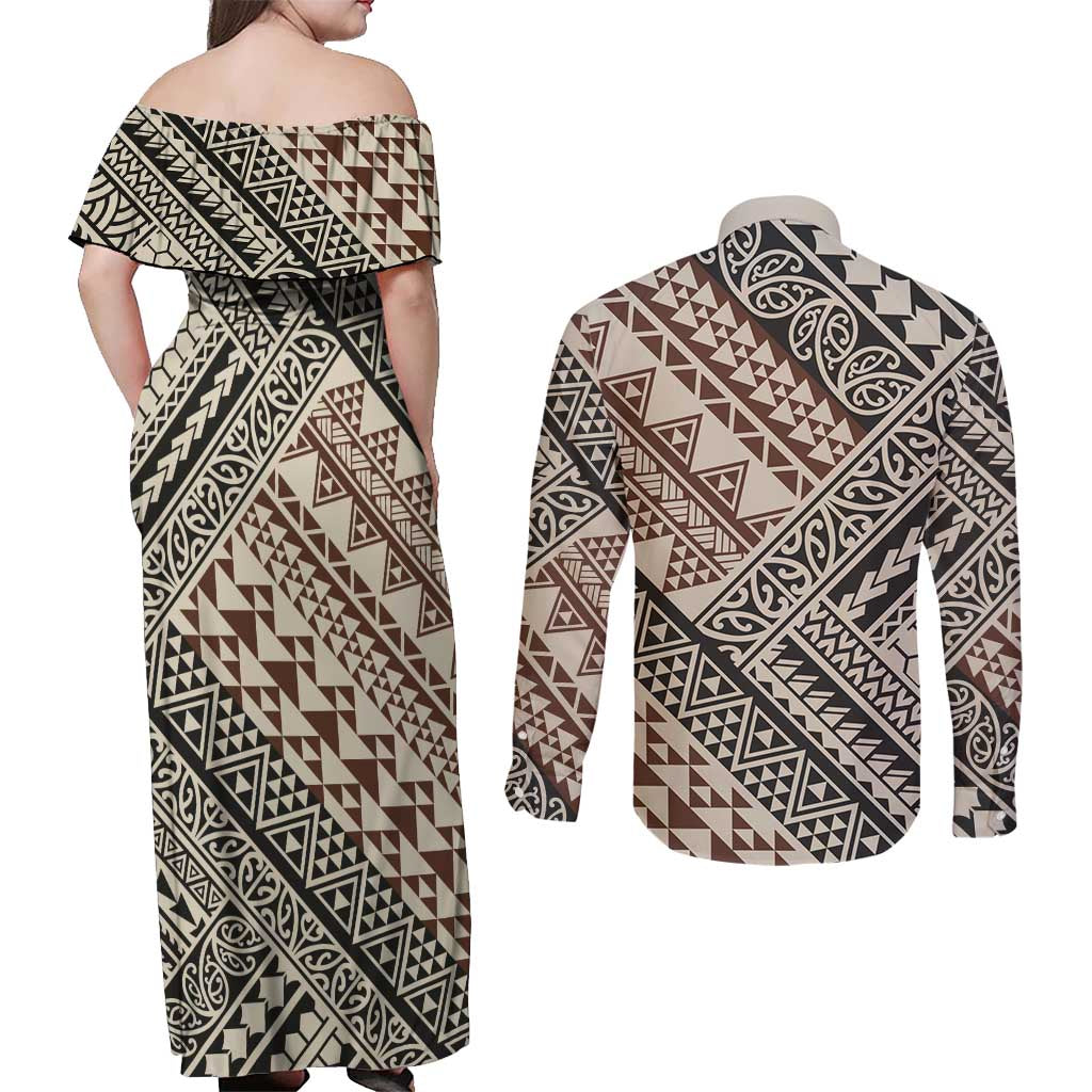 Niho Taniwha Kowhaiwhai Couples Matching Off Shoulder Maxi Dress and Long Sleeve Button Shirt LT9 - Polynesian Pride