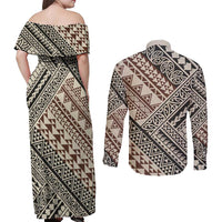 Niho Taniwha Kowhaiwhai Couples Matching Off Shoulder Maxi Dress and Long Sleeve Button Shirt LT9 - Polynesian Pride
