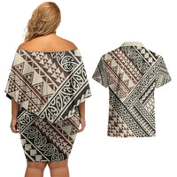 Niho Taniwha Kowhaiwhai Couples Matching Off Shoulder Short Dress and Hawaiian Shirt