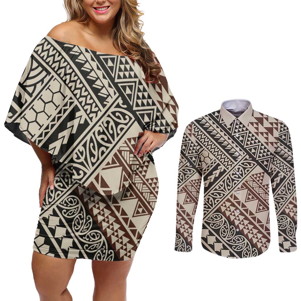 Niho Taniwha Kowhaiwhai Couples Matching Off Shoulder Short Dress and Long Sleeve Button Shirt LT9 Beige - Polynesian Pride