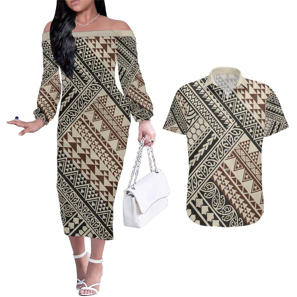 Niho Taniwha Kowhaiwhai Couples Matching Off The Shoulder Long Sleeve Dress and Hawaiian Shirt LT9 Beige - Polynesian Pride