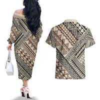 Niho Taniwha Kowhaiwhai Couples Matching Off The Shoulder Long Sleeve Dress and Hawaiian Shirt LT9 - Polynesian Pride