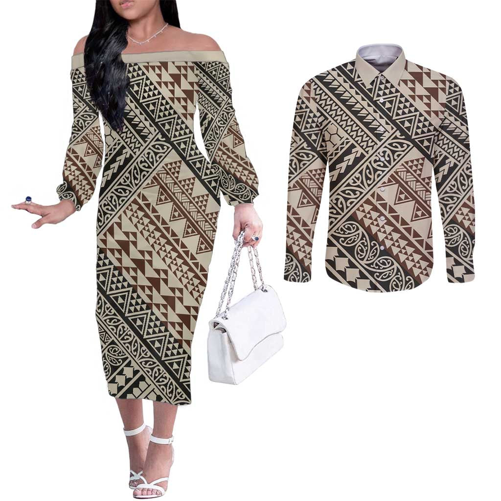 Niho Taniwha Kowhaiwhai Couples Matching Off The Shoulder Long Sleeve Dress and Long Sleeve Button Shirt LT9 Beige - Polynesian Pride