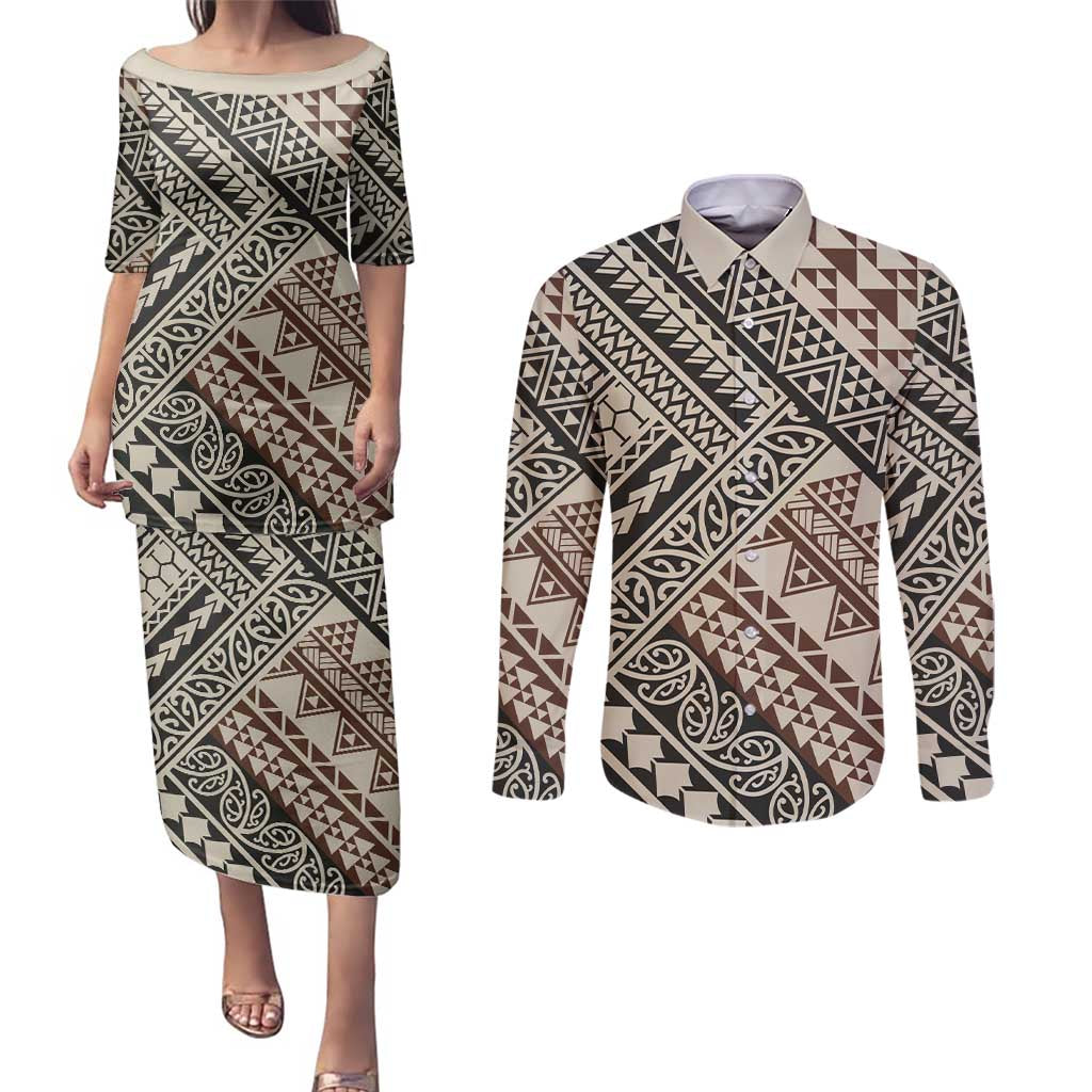 Niho Taniwha Kowhaiwhai Couples Matching Puletasi and Long Sleeve Button Shirt LT9 Beige - Polynesian Pride