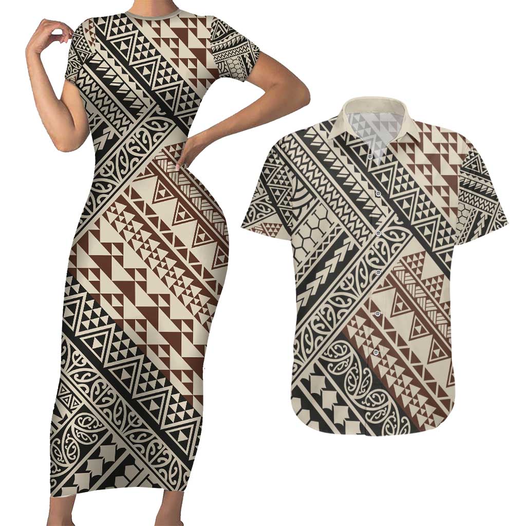 Niho Taniwha Kowhaiwhai Couples Matching Short Sleeve Bodycon Dress and Hawaiian Shirt LT9 Beige - Polynesian Pride