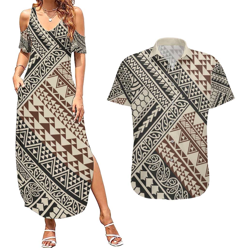 Niho Taniwha Kowhaiwhai Couples Matching Summer Maxi Dress and Hawaiian Shirt LT9 Beige - Polynesian Pride