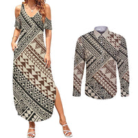 Niho Taniwha Kowhaiwhai Couples Matching Summer Maxi Dress and Long Sleeve Button Shirt LT9 Beige - Polynesian Pride