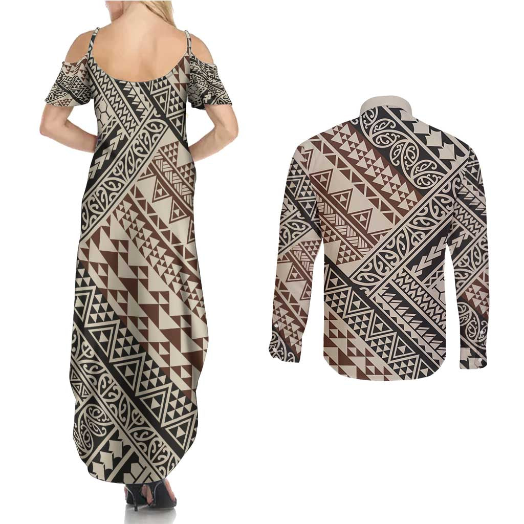 Niho Taniwha Kowhaiwhai Couples Matching Summer Maxi Dress and Long Sleeve Button Shirt LT9 - Polynesian Pride