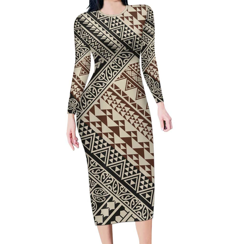 Niho Taniwha Kowhaiwhai Family Matching Long Sleeve Bodycon Dress and Hawaiian Shirt LT9 Mom's Dress Beige - Polynesian Pride