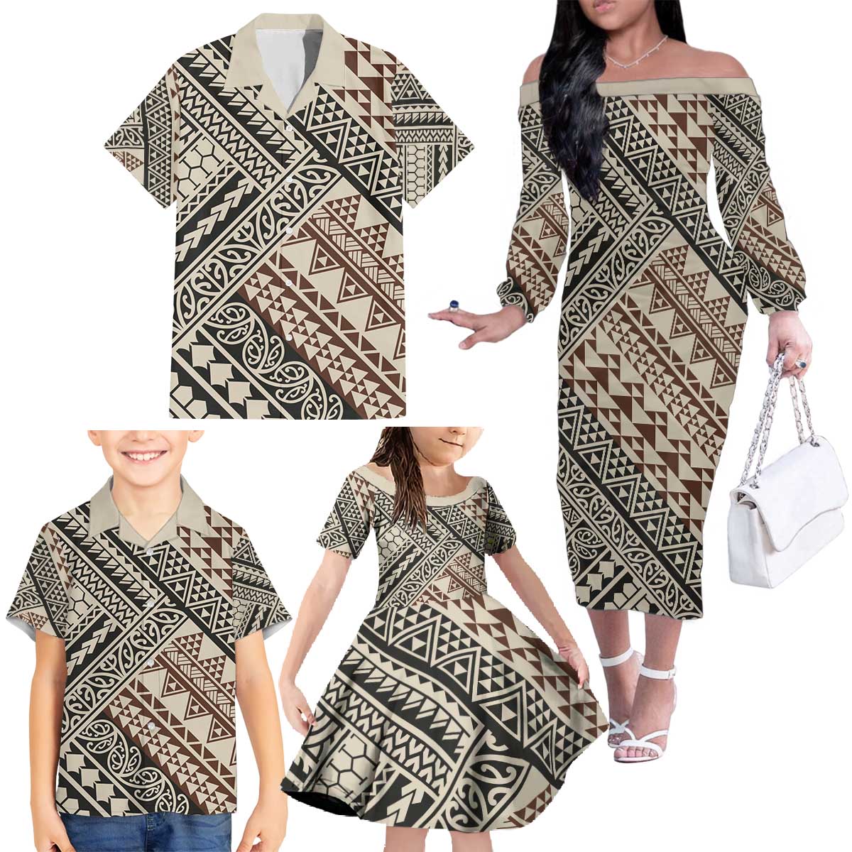 Niho Taniwha Kowhaiwhai Family Matching Off The Shoulder Long Sleeve Dress and Hawaiian Shirt LT9 - Polynesian Pride