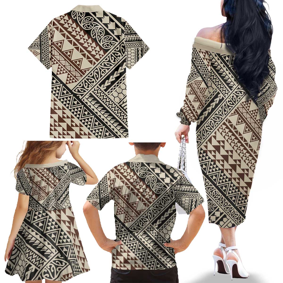 Niho Taniwha Kowhaiwhai Family Matching Off The Shoulder Long Sleeve Dress and Hawaiian Shirt LT9 - Polynesian Pride