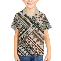 Niho Taniwha Kowhaiwhai Family Matching Off The Shoulder Long Sleeve Dress and Hawaiian Shirt LT9 Son's Shirt Beige - Polynesian Pride