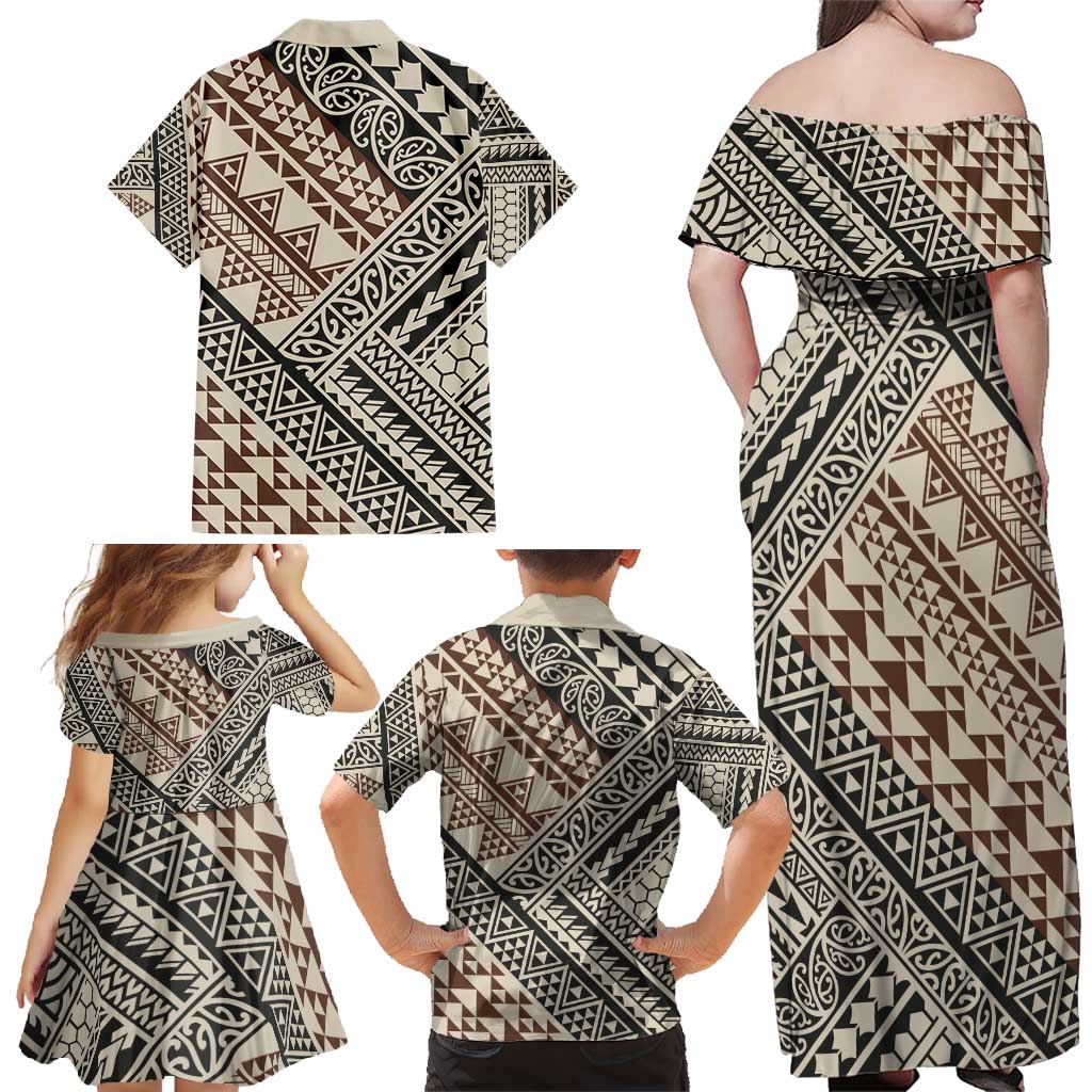 Niho Taniwha Kowhaiwhai Family Matching Off Shoulder Maxi Dress and Hawaiian Shirt LT9 - Polynesian Pride