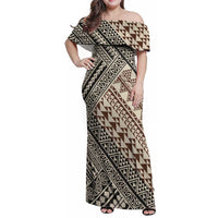 Niho Taniwha Kowhaiwhai Family Matching Off Shoulder Maxi Dress and Hawaiian Shirt LT9 Mom's Dress Beige - Polynesian Pride