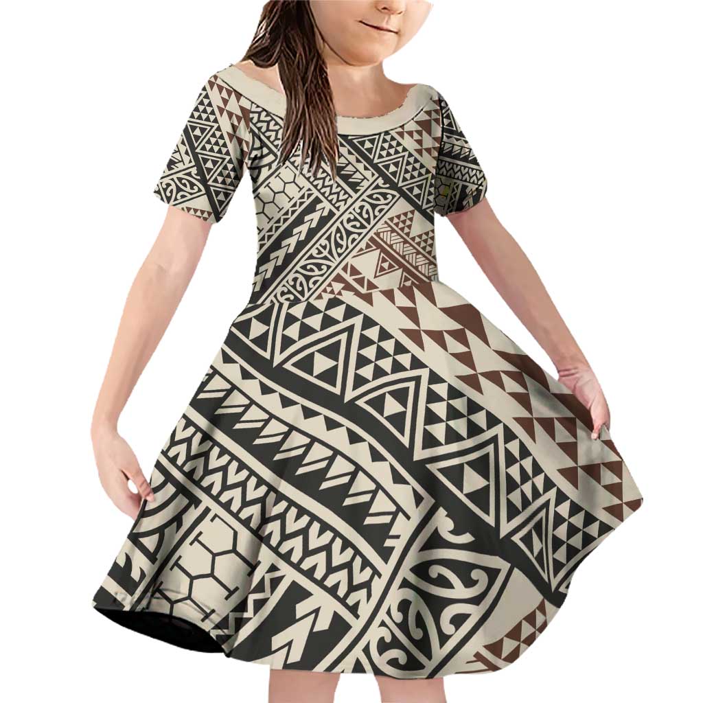 Niho Taniwha Kowhaiwhai Family Matching Off Shoulder Short Dress and Hawaiian Shirt LT9 Daughter's Dress Beige - Polynesian Pride