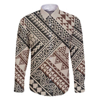 Niho Taniwha Kowhaiwhai Family Matching Off Shoulder Short Dress and Hawaiian Shirt LT9 Dad's Shirt - Long Sleeve Beige - Polynesian Pride