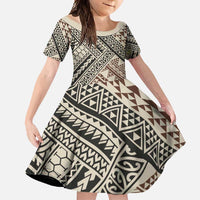 Niho Taniwha Kowhaiwhai Family Matching Short Sleeve Bodycon Dress and Hawaiian Shirt LT9 Daughter's Dress Beige - Polynesian Pride