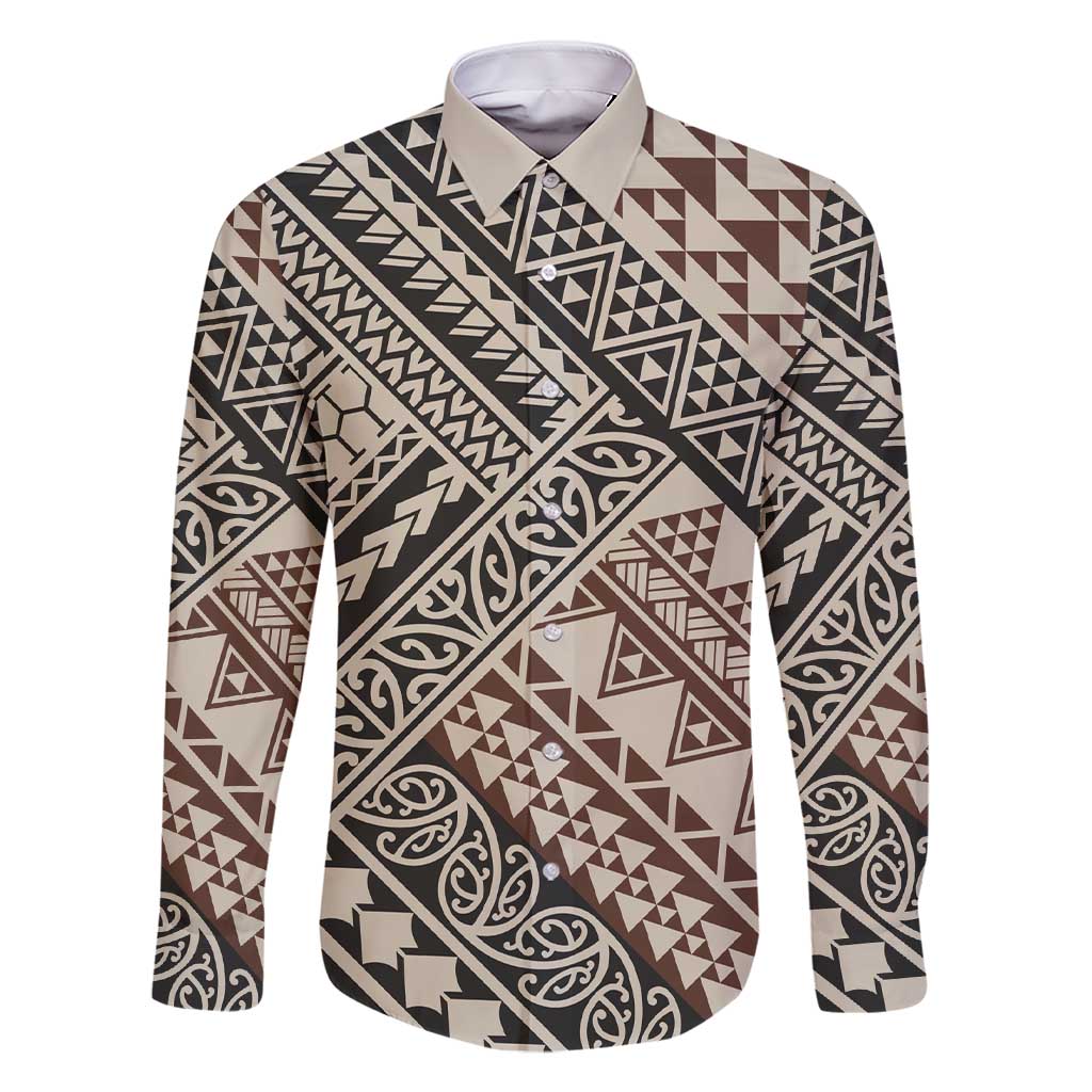 Niho Taniwha Kowhaiwhai Family Matching Short Sleeve Bodycon Dress and Hawaiian Shirt LT9 Dad's Shirt - Long Sleeve Beige - Polynesian Pride