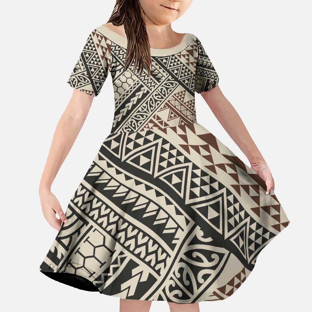 Niho Taniwha Kowhaiwhai Family Matching Tank Maxi Dress and Hawaiian Shirt LT9 Daughter's Dress Beige - Polynesian Pride