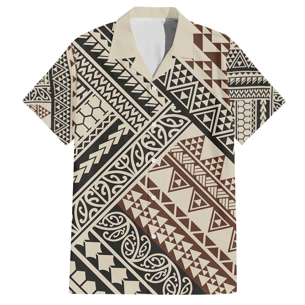 Niho Taniwha Kowhaiwhai Family Matching Tank Maxi Dress and Hawaiian Shirt LT9 Dad's Shirt - Short Sleeve Beige - Polynesian Pride