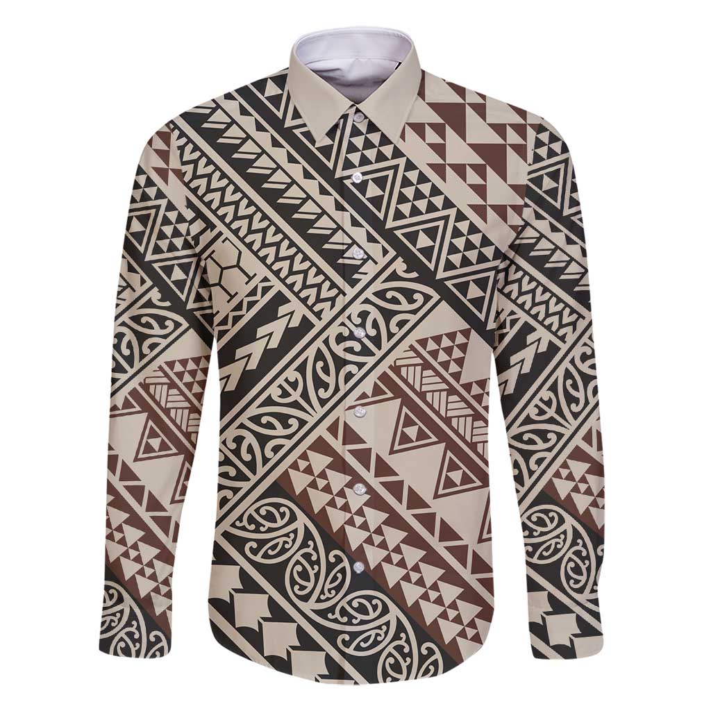 Niho Taniwha Kowhaiwhai Family Matching Tank Maxi Dress and Hawaiian Shirt LT9 Dad's Shirt - Long Sleeve Beige - Polynesian Pride