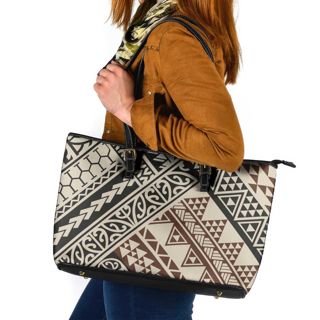 Niho Taniwha Kowhaiwhai Leather Tote Bag LT9 Beige - Polynesian Pride