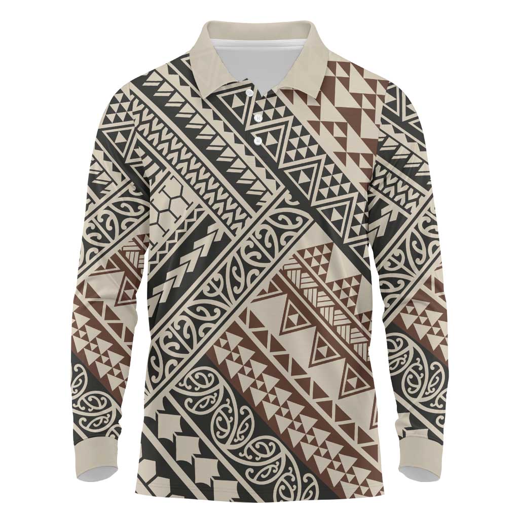 Niho Taniwha Kowhaiwhai Long Sleeve Polo Shirt LT9 Beige - Polynesian Pride