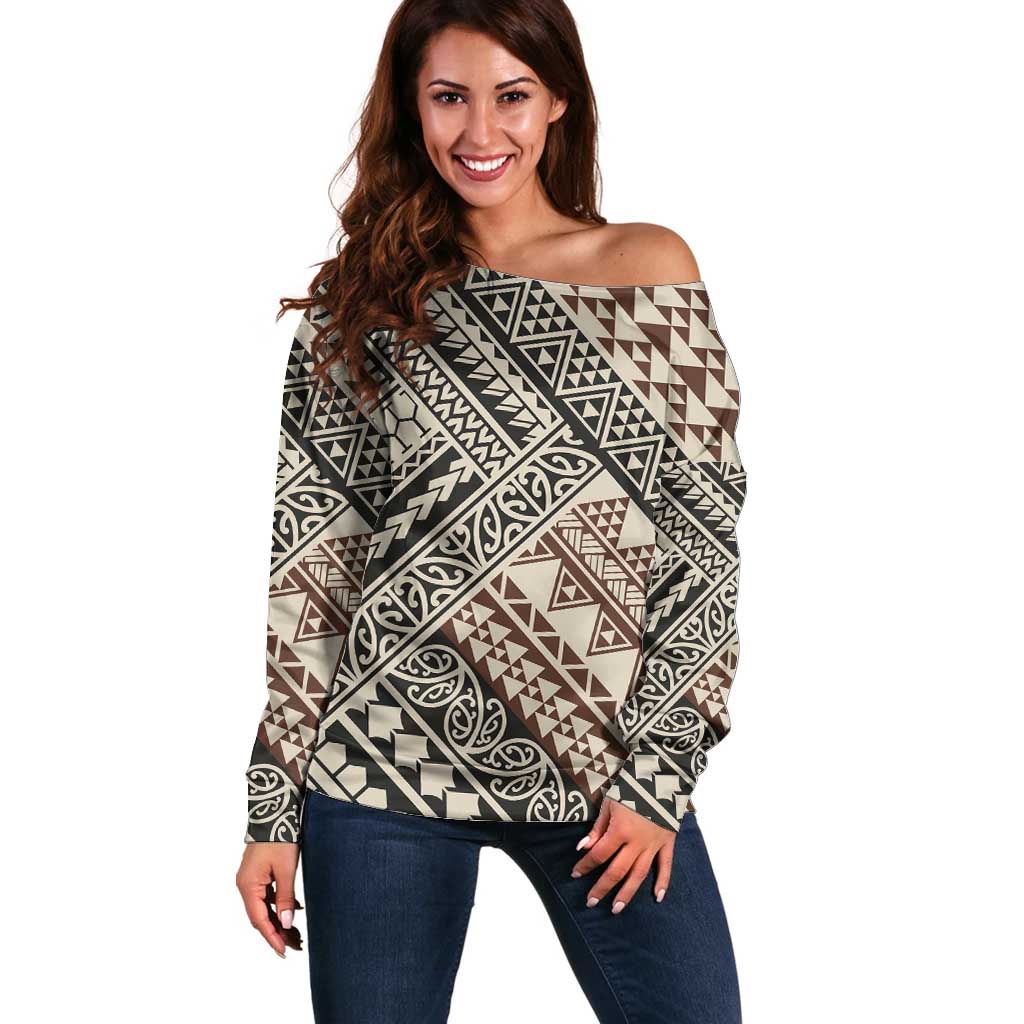 Niho Taniwha Kowhaiwhai Off Shoulder Sweater LT9 Women Beige - Polynesian Pride