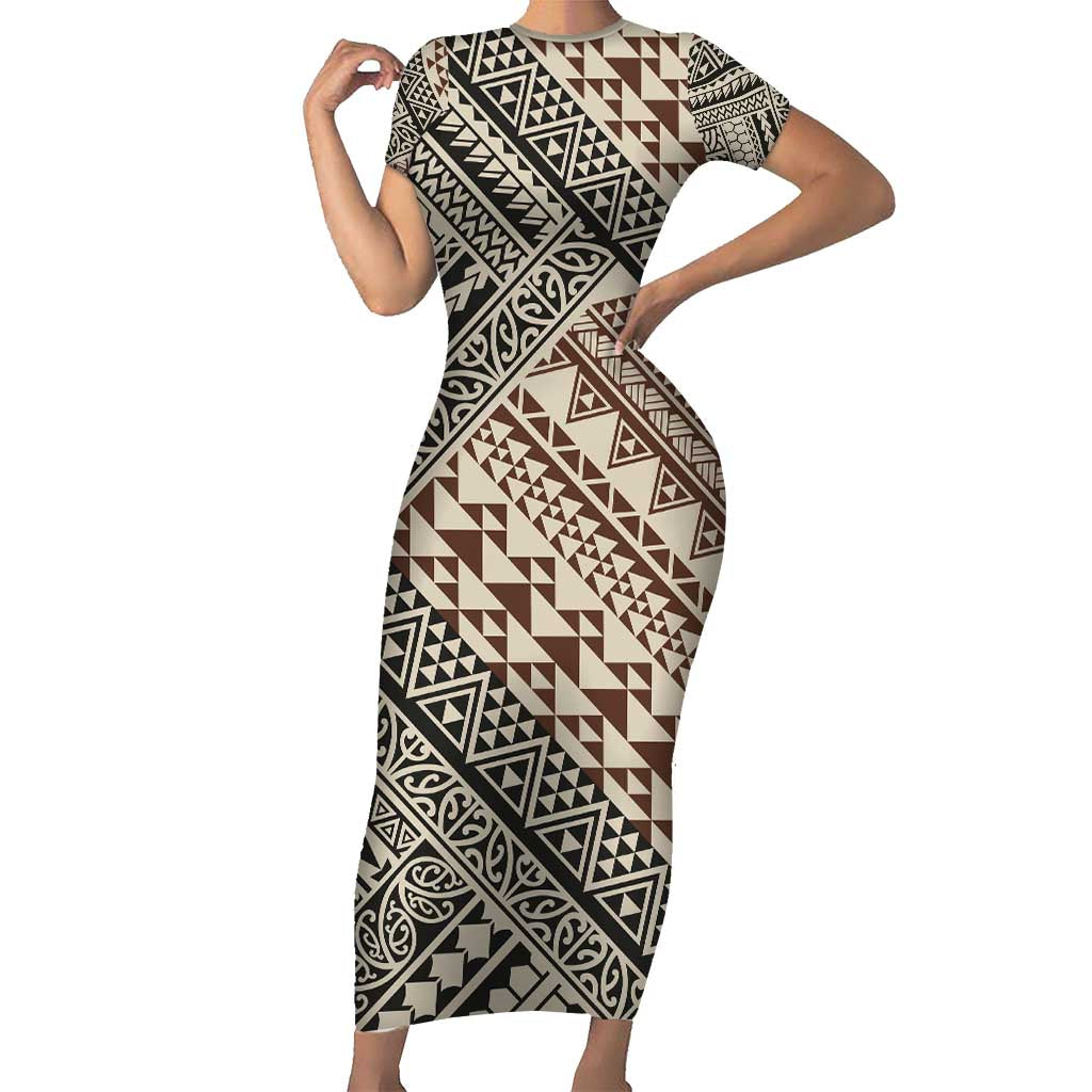 Niho Taniwha Kowhaiwhai Short Sleeve Bodycon Dress LT9 Long Dress Beige - Polynesian Pride
