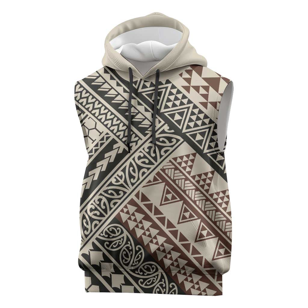 Niho Taniwha Kowhaiwhai Sleeveless Hoodie LT9 Beige - Polynesian Pride