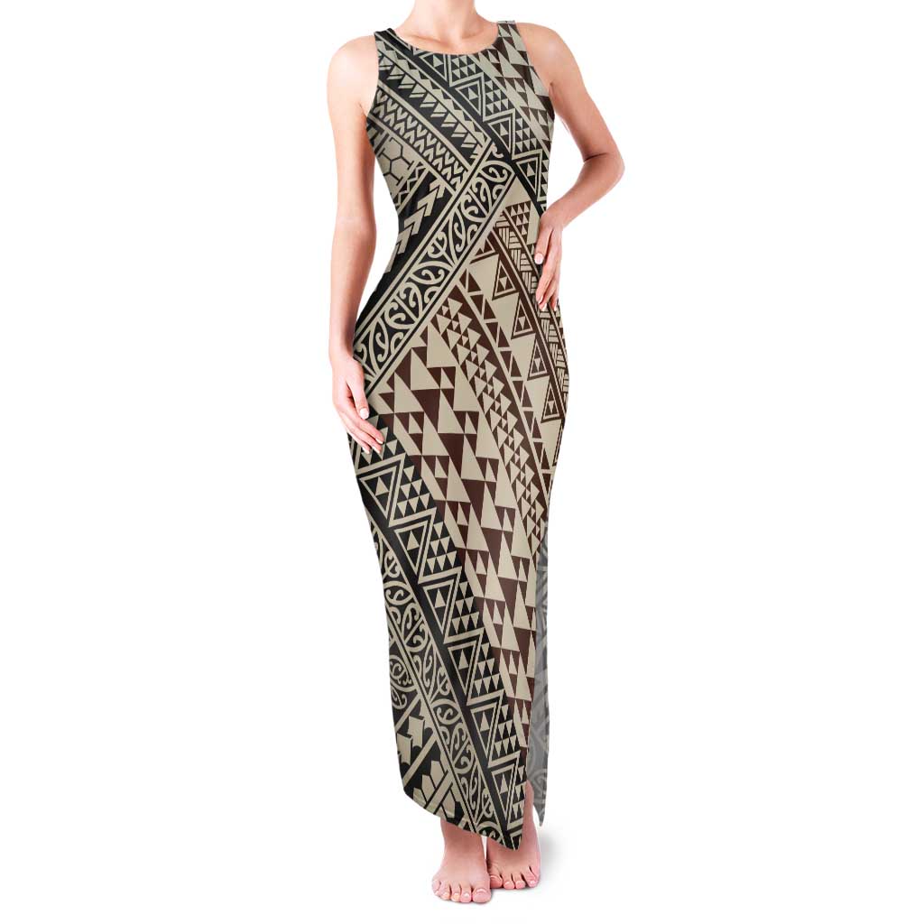 Niho Taniwha Kowhaiwhai Tank Maxi Dress LT9 Women Beige - Polynesian Pride
