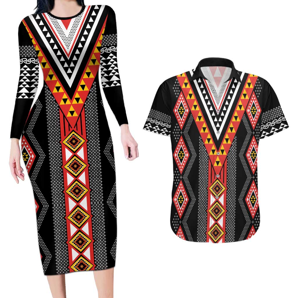 Niho Taniwha Taniko Motif Couples Matching Long Sleeve Bodycon Dress and Hawaiian Shirt LT9 Red - Polynesian Pride