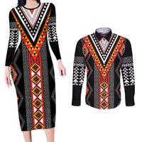 Niho Taniwha Taniko Motif Couples Matching Long Sleeve Bodycon Dress and Long Sleeve Button Shirt